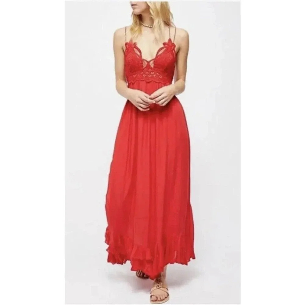 Free People Adella Maxi Slip Bright Red Medium Crochet Lace Smock Dress NWT